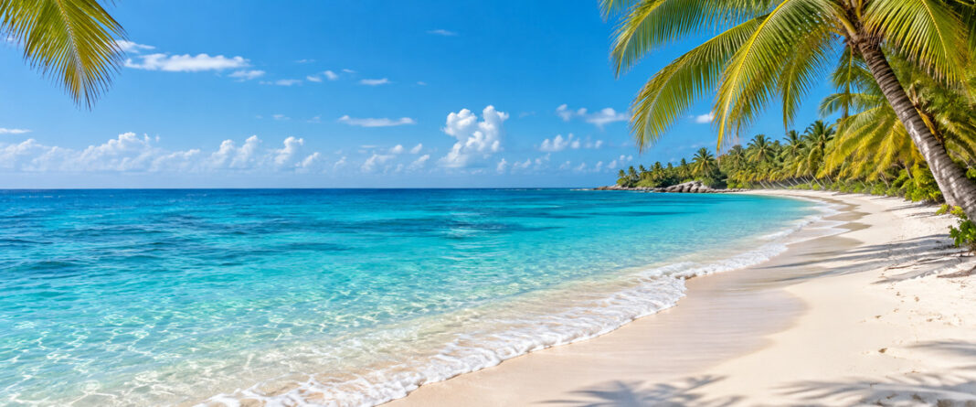 Caribbean Beach — MarryCaribbean × IADWP Partnership Banner Turquoise Caribbean water, a white-sand beach and palm trees