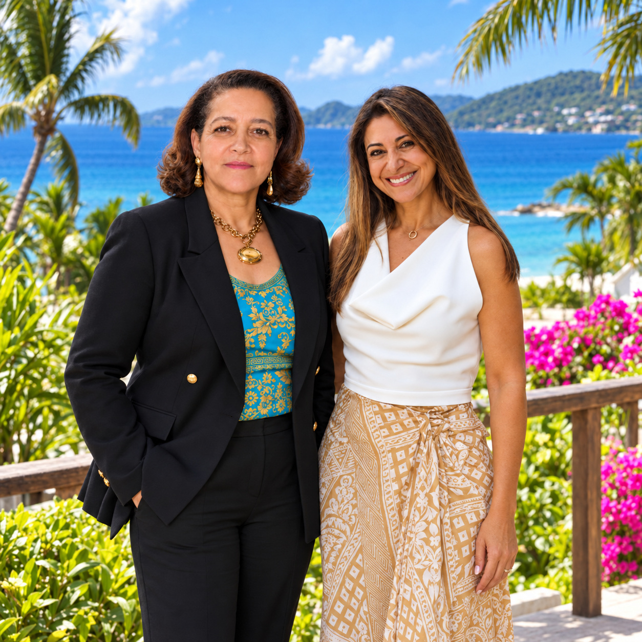 Two women centered in front of a Caribbean beach and turquoise sea.