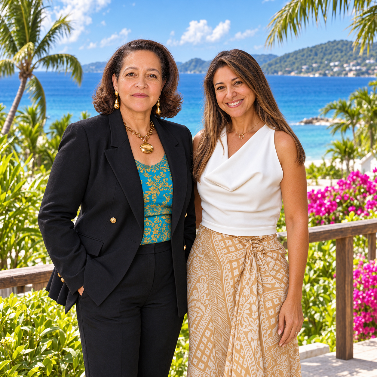 Two women centered in front of a Caribbean beach and turquoise sea.